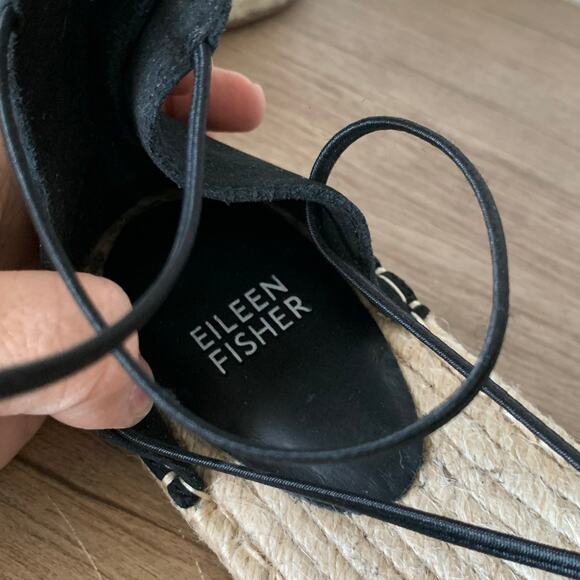 Eileen Fisher Flats Lace Leather Espadrille Closed Toe Strappy Black 8 US Jute - Picture 2 of 12